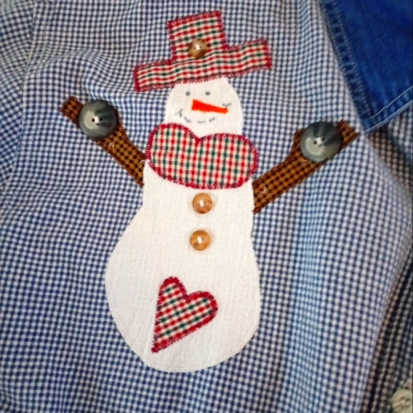 Vtg Haiks Blue Check Button Down Top  Embroidered Snowman, Tree Women's SZ 3X - Picture 6 of 8